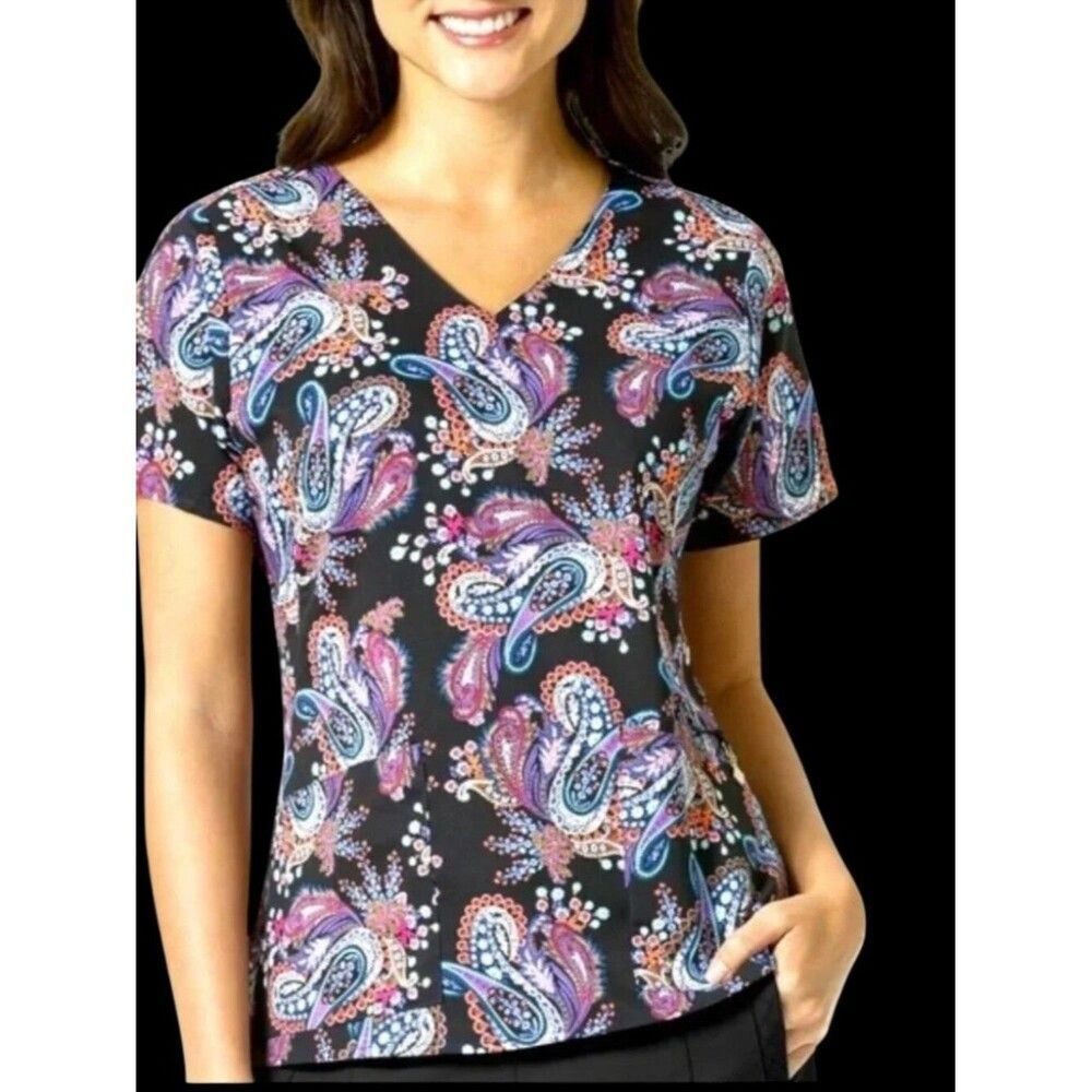 Vera Bradley Halo Heritage Paisley Scrub Top Black Multi Pockets Logo Large